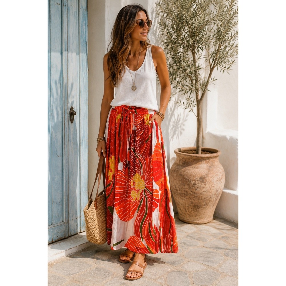 Gypsie Blu Boho Tropical Rayon Maxi Skirt Medium Tassel Drawstring
NWT